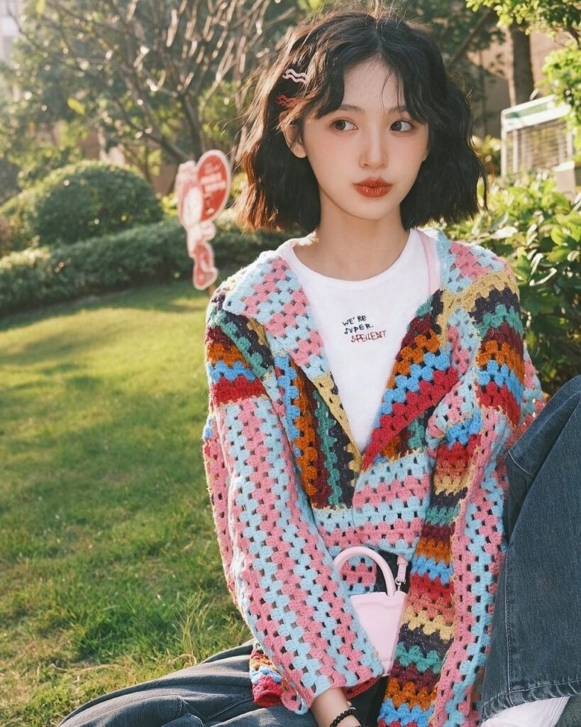 Retro knitted cardigan in colorful crochet design worn by a woman outdoors.