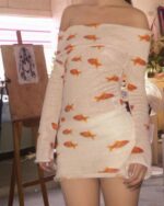 Slim Fit Goldfish Dress - y2k aesthetic dress, off-shoulder mini style.