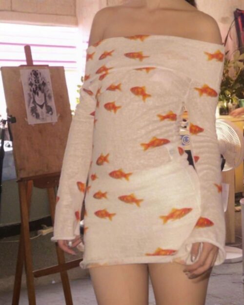 Slim Fit Goldfish Dress - y2k aesthetic dress, off-shoulder mini style.