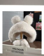 White bear ears fluffy hat, thick and soft, kawaii winter accessory.
