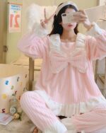Pink lace flannel pajamas set, kawaii style, comfortable homewear.