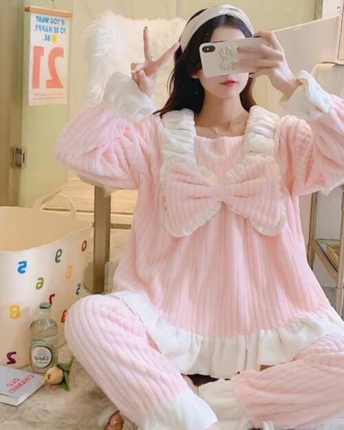 Pink lace flannel pajamas set, kawaii style, comfortable homewear.