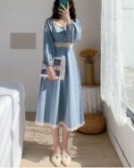 Blue Retro Square Collar Dress - French Aesthetic, featuring a flowing silhouette and delicate details.