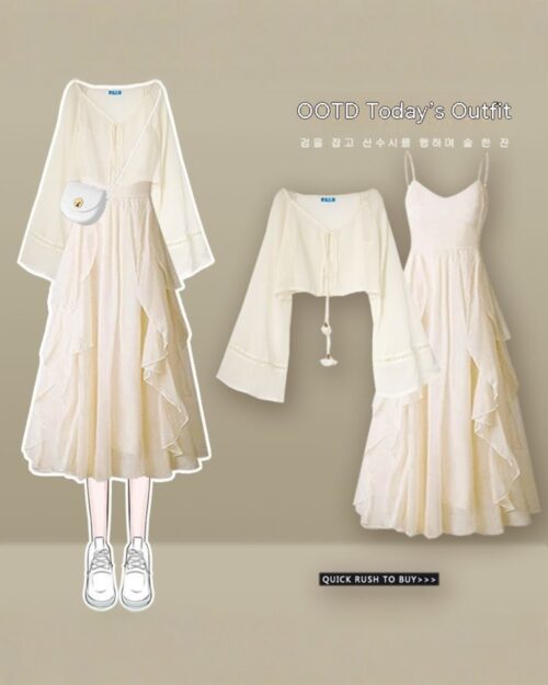 Elegant Spring Set - Korean aesthetic set featuring a cream dress and top.