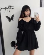 Solid black gothic aesthetic dress with off-the-shoulder sleeves and ruffle details.