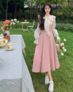 Long pink dress - vintage aesthetic dress, outdoor picnic scene.