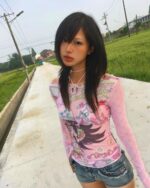 Retro Style Long Sleeves Pink Top - Cutecore Aesthetic, a pink long sleeve top with graphic design.