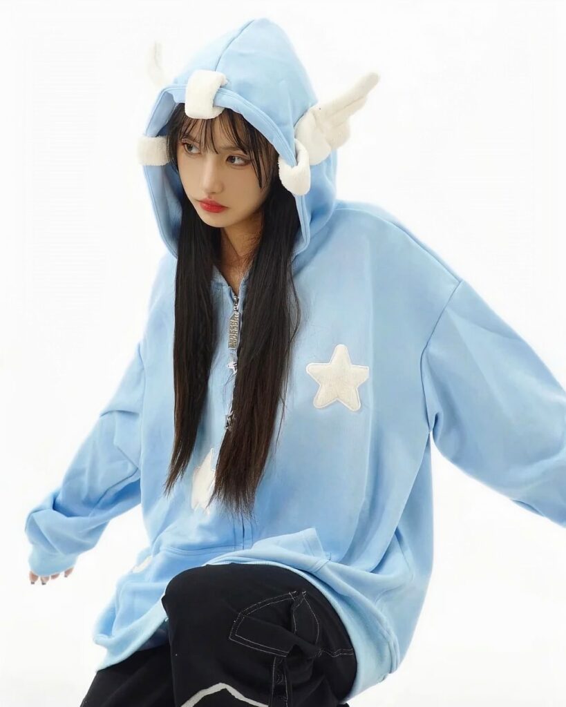 Light blue harajuku hoodie with animal ear hood and star detail.