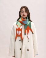 Cute fox scarf featuring a whimsical design, knitted wool scarf.