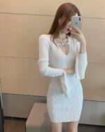 Slim-fit flared sleeves gothic aesthetic dress in white ribbed knit, featuring a V-neckline and embellished neckline.
