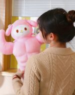 A pink sanrio muscular plushie, Melody, displayed with a person.