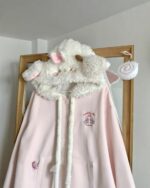 Pink lamb hoodie kawaii with fluffy sheep hood and zipper closure.