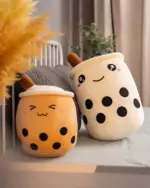 Two cute bubble tea plushies in a row, soft and plush toys.