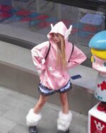 Loose Thick Feathered Hoodie - Harajuku Aesthetic pink hooded sweatshirt worn by a person outdoors.