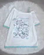 Blue nurse cat shirt featuring cute medical illustrations and pastel stripes.