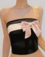 Black bow crop top, a coquette aesthetic top with a pink bow.