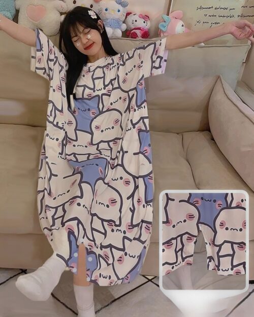Short Sleeved Loose Pajamas - Neko Edition featuring kawaii neko illustrations on a white background.