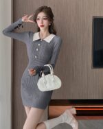 Korean knitted dress in gray, featuring a collar and button details, vintage style.
