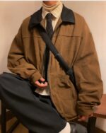 Brown corduroy korean college jacket featuring a double zipper and contrasting collar.
