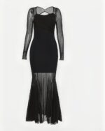Black Mesh Long Sleeve Dress - Gothic Aesthetic, featuring sheer mesh sleeves and a flowing maxi skirt.