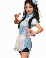 Blue maid hanfu dress with ruffled apron, inspired by traditional Chinese Hanfu design.
