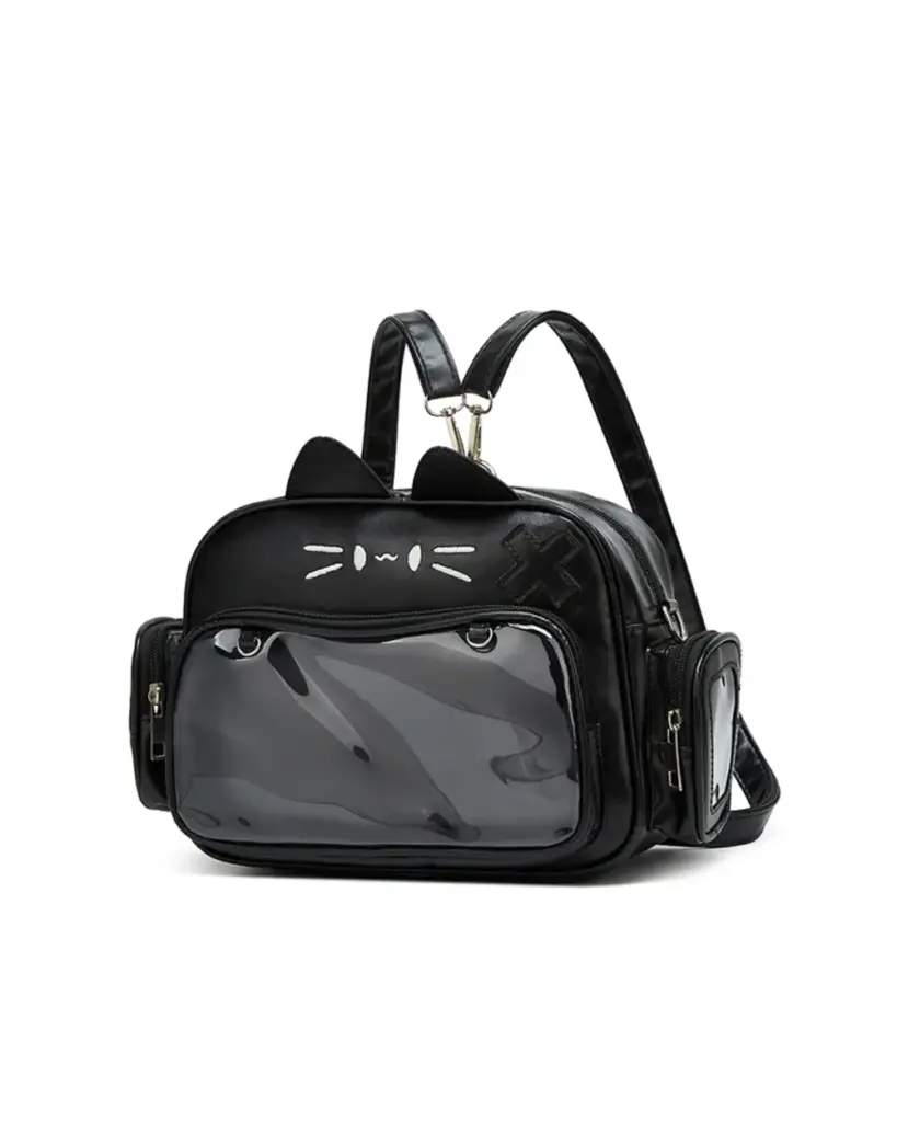 Black vegan leather neko bag backpack with cat ears and clear pocket.