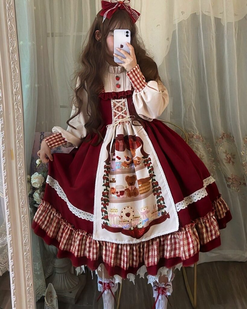 Red Cape Puffy Dress - Classic Lolita Aesthetic, featuring a detailed apron and layered skirt.