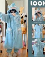 Blue fluffy kawaii animal pajamas with hood and paws; complete with slippers.