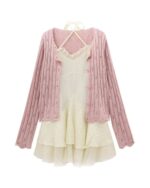 Pink lolita french dress with cardigan, layered dress set on hanger.