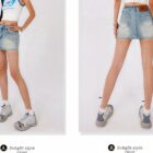 Two views of a high waist y2k denim skirt, showcasing its A-line fit and denim material.