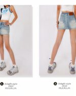 Two views of a high waist y2k denim skirt, showcasing its A-line fit and denim material.
