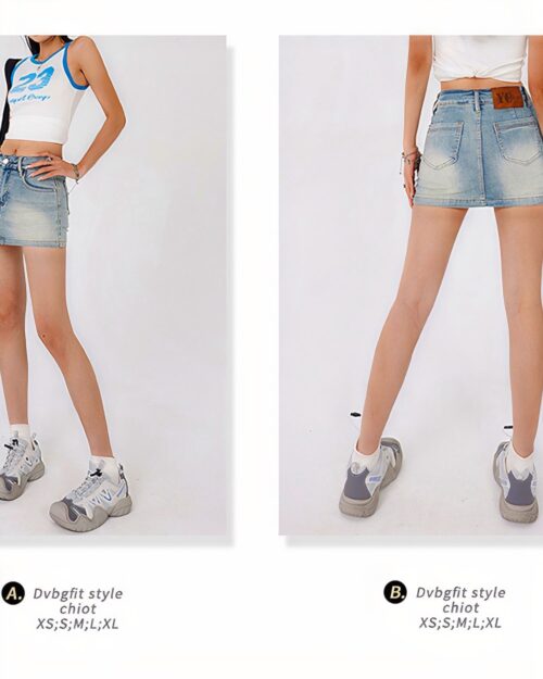 Two views of a high waist y2k denim skirt, showcasing its A-line fit and denim material.