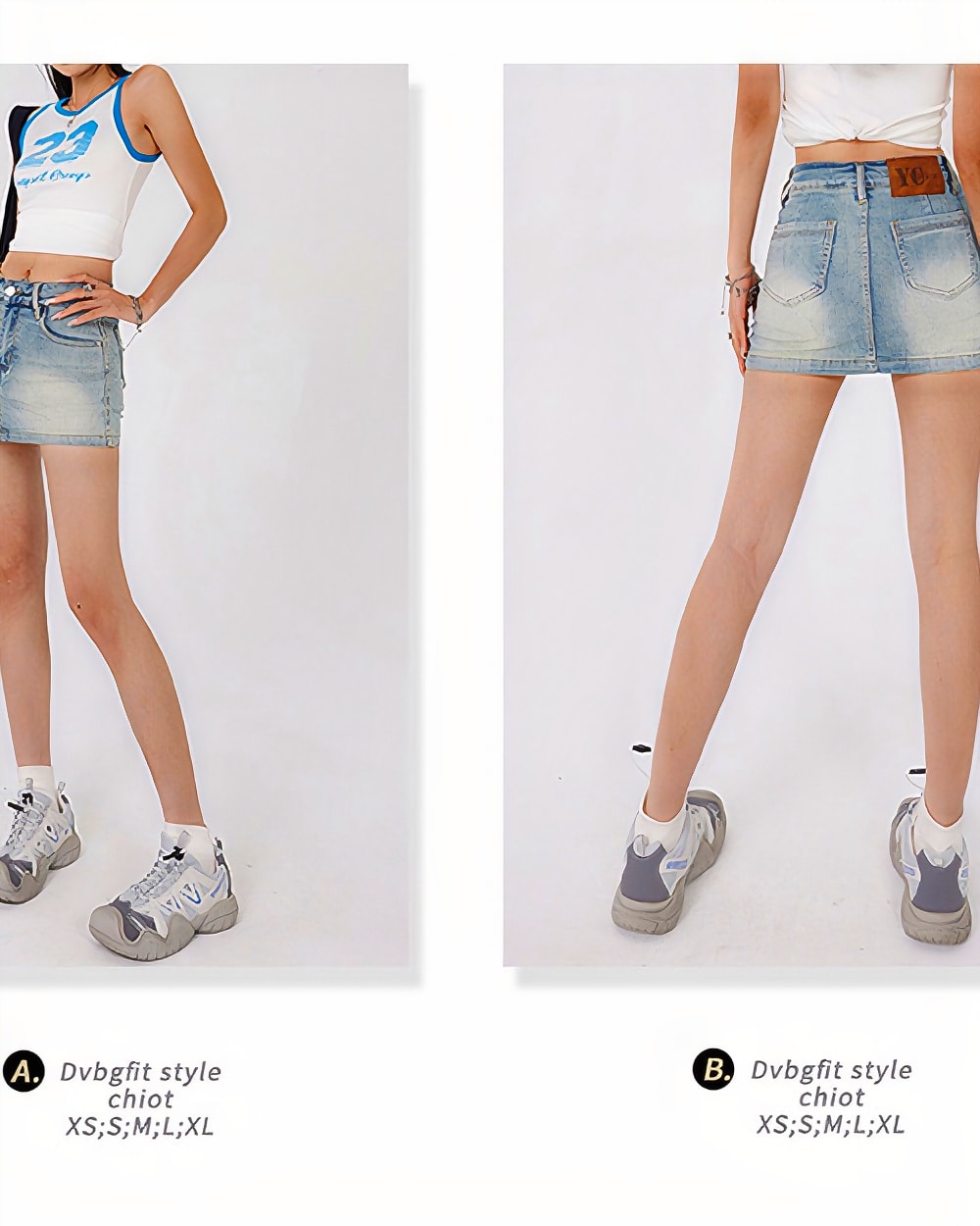 Two views of a high waist y2k denim skirt, showcasing its A-line fit and denim material.