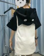 Black and white ghost neko hoodie with hood detail, Harajuku aesthetic.