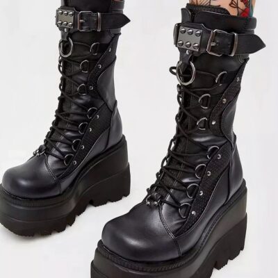 Y2K Punk Leather Platform Boots - Kawaii Gothic Collection