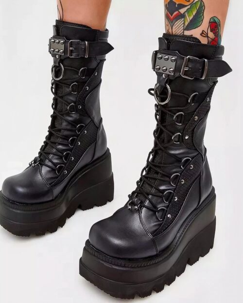 Y2K Punk Leather Platform Boots - Kawaii Gothic Collection