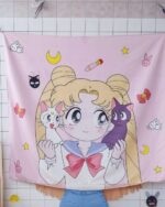 Anime wall tapestry featuring a cute girl with cats, stars, and moons. Decorative hanging cloth.