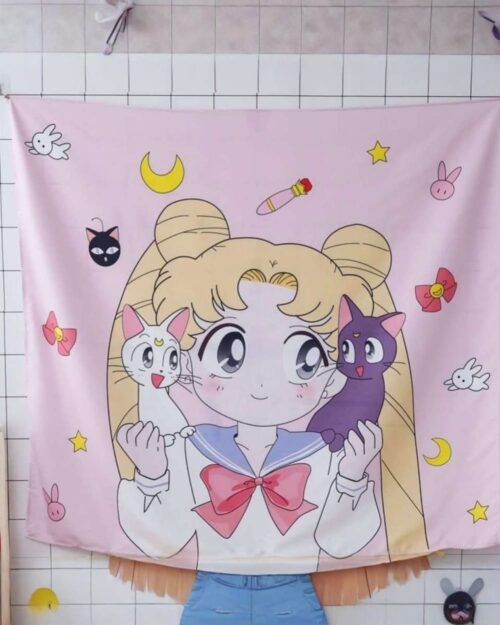 Anime wall tapestry featuring a cute girl with cats, stars, and moons. Decorative hanging cloth.