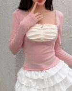 Pink soft girl pullover featuring a square neckline and long sleeves.