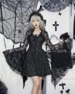 Black gothic aesthetic top, lace dress with long sleeves and flared details, featuring a dramatic and dark style.