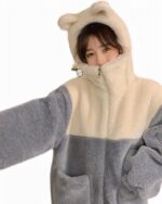 Warm Bear Ears Fluffy Coat - Kawaii Clothes bear ear jacket, featuring a hooded design and plush material.