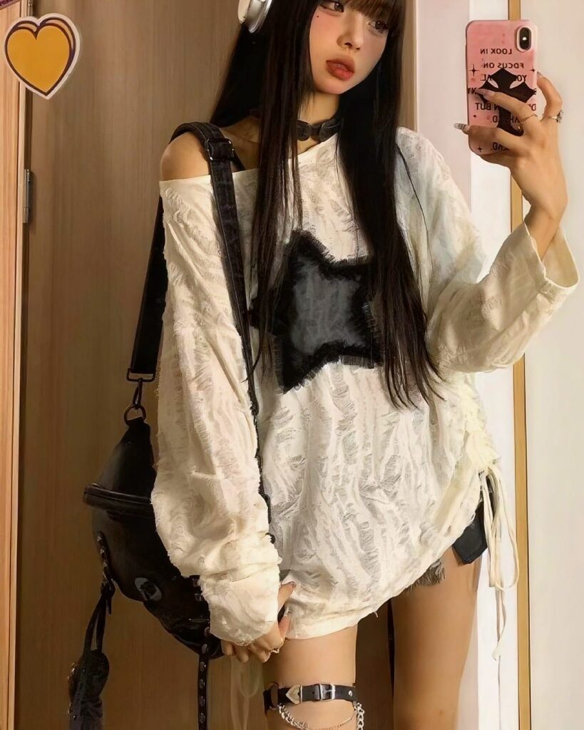 Off Shoulder Star Top - Grunge Aesthetic, white layered top with distressed details.