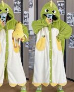 Coral Fleece Long Thickened Nightgown featuring a kawaii dinosaur print, hooded, and with pockets.