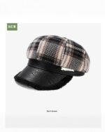 Dark brown french aesthetic beret with plaid wool and faux fur lining.