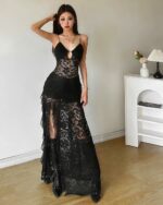 Black gothic aesthetic dress, featuring a lace design and a deep V-neck cutout.