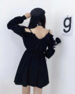 Solid Black Dress - Gothic aesthetic dress, featuring a backless design and flared skirt.