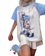 Saggy animecore aesthetic shirt featuring an anime-style girl illustration on a blue and white graphic tee.