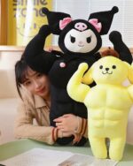 Sanrio muscular plushies featuring Kuromi and a yellow dog plushie, showcasing their squishy texture.