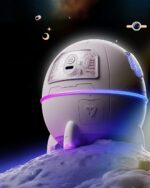 Kawaii Mini Spaceship Humidifier, a cute astronaut humidifier resting on moon surface.