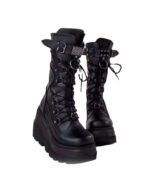 Black y2k punk boots with platform soles and laces.